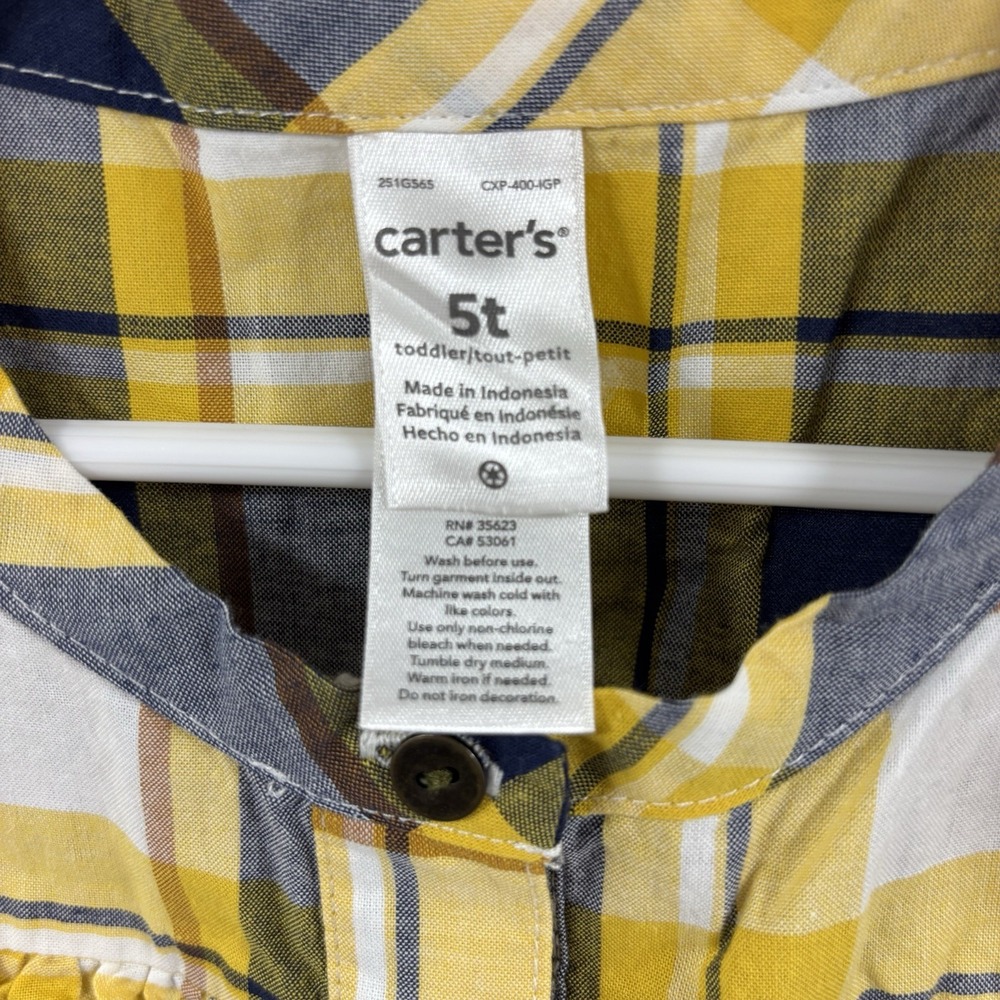 Carter's Plaid Belted Tunic Top Girls 5t Yellow Blue Ruffle Cowgirl Fall Buttons - Picture 2 of 6